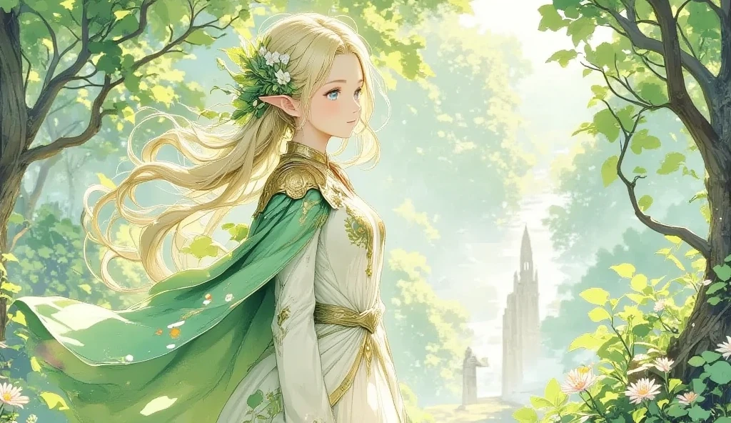 (Masterpiece:1.3,  top quality :1.3,  detailed depiction  :1.3,  HD :1.3, High Quality Anime Painting  ),2girl break ( 1girl , Elven Swordsman, Flying Cape, breastplate, like々Shiny Green Dress ,  Swaying Skirt ,  Lapierre sticks out,  is smiling, whole body) break ( 1girl , Daikon,  Daikon Arraune ,  White Dress ,  adorable,  She's Watching Elves ,  She's Walking with an Elf Woman),  (background\Beautiful lakeside), (side view, Vision,  Fantasy Animated Art ,  fantastic use of colors,  Expression of the Highest Colors ,  Incredibly Beautiful Color Expression ,  Pale and Gentle Watercolor Art , Beautiful expression of light)