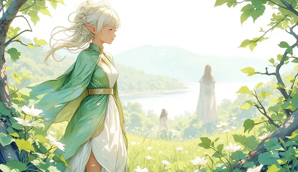 (Masterpiece:1.3,  top quality :1.3,  detailed depiction  :1.3,  HD :1.3, High Quality Anime Painting  ),2girl break ( 1girl , Elven Swordsman, Flying Cape, breastplate, like々Shiny Green Dress ,  Swaying Skirt ,  Lapierre sticks out,  is smiling, whole body) break ( 1girl , Daikon,  Daikon Arraune ,  White Dress ,  adorable,  She's Watching Elves ,  She's Walking with an Elf Woman),  (background\Beautiful lakeside), (side view, Vision,  Fantasy Animated Art ,  fantastic use of colors,  Expression of the Highest Colors ,  Incredibly Beautiful Color Expression ,  Pale and Gentle Watercolor Art , Beautiful expression of light)