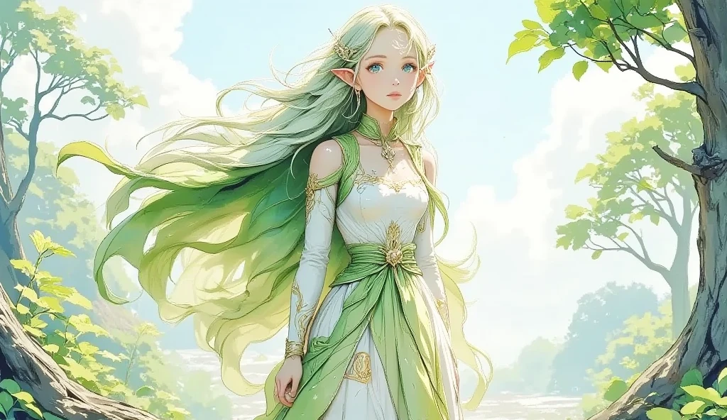 (Masterpiece:1.3,  top quality :1.3,  detailed depiction  :1.3,  HD :1.3, High Quality Anime Painting  ),2girl break ( 1girl , Elven Swordsman, Flying Cape, breastplate, like々Shiny Green Dress ,  Swaying Skirt ,  Lapierre sticks out,  is smiling, whole body) break ( 1girl , Daikon,  Daikon Arraune ,  White Dress ,  adorable,  She's Watching Elves ,  She's Walking with an Elf Woman),  (background\Beautiful lakeside), (side view, Vision,  Fantasy Animated Art ,  fantastic use of colors,  Expression of the Highest Colors ,  Incredibly Beautiful Color Expression ,  Pale and Gentle Watercolor Art , Beautiful expression of light)