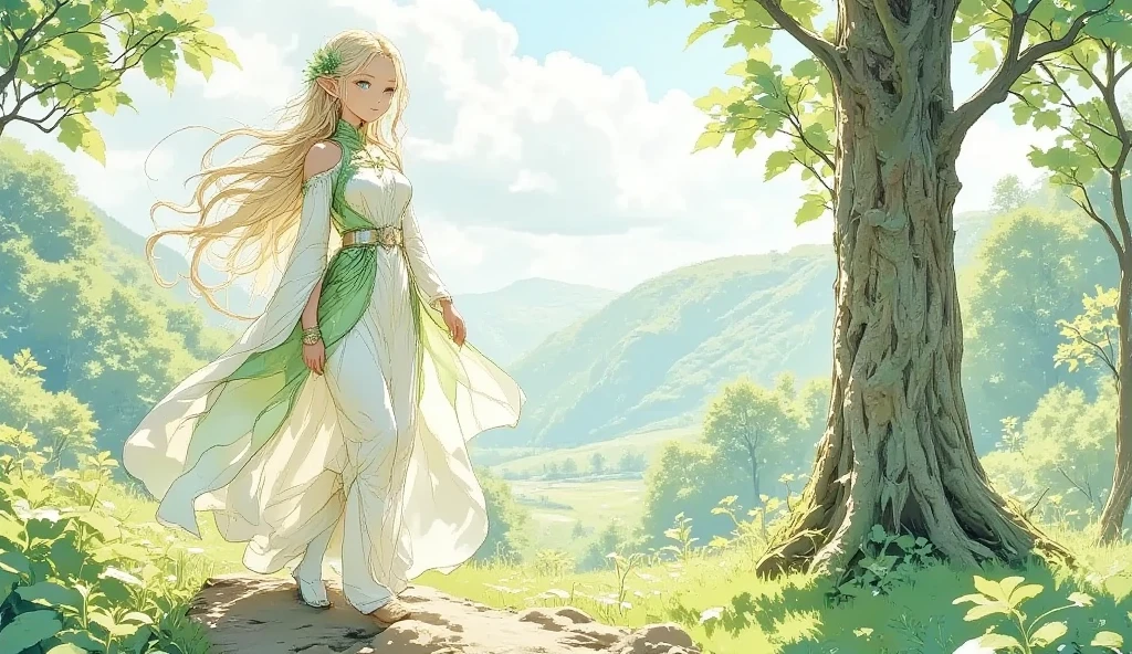 (Masterpiece:1.3,  top quality :1.3,  detailed depiction  :1.3,  HD :1.3, High Quality Anime Painting  ),2girl break ( 1girl , Elven Swordsman, Flying Cape, breastplate, like々Shiny Green Dress ,  Swaying Skirt ,  Lapierre sticks out,  is smiling, whole body) break ( 1girl , Daikon,  Daikon Arraune ,  White Dress ,  adorable,  She's Watching Elves ,  She's Walking with an Elf Woman),  (background\Beautiful lakeside), (side view, Vision,  Fantasy Animated Art ,  fantastic use of colors,  Expression of the Highest Colors ,  Incredibly Beautiful Color Expression ,  Pale and Gentle Watercolor Art , Beautiful expression of light)