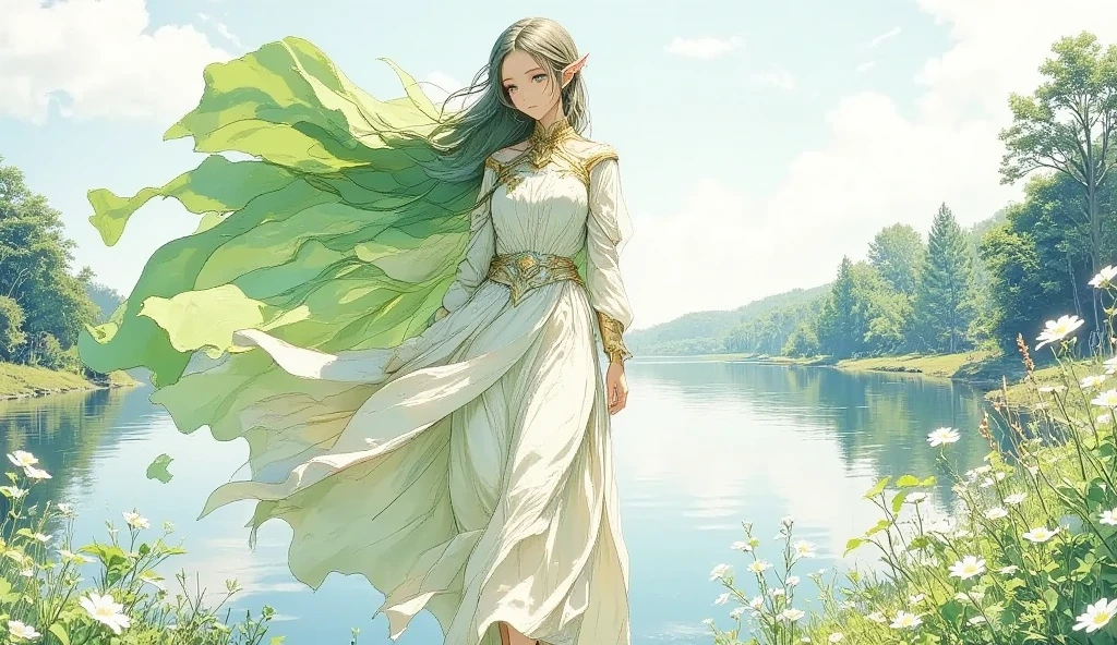 (Masterpiece:1.3,  top quality :1.3,  detailed depiction  :1.3,  HD :1.3, High Quality Anime Painting  ),2girl break ( 1girl , Elven Swordsman, Flying Cape, breastplate, like々Shiny Green Dress ,  Swaying Skirt ,  Lapierre sticks out,  is smiling, whole body) break ( 1girl , Daikon,  Daikon Arraune ,  White Dress ,  adorable,  She's Watching Elves ,  She's Walking with an Elf Woman),  (background\Beautiful lakeside), (side view, Vision,  Fantasy Animated Art ,  fantastic use of colors,  Expression of the Highest Colors ,  Incredibly Beautiful Color Expression ,  Pale and Gentle Watercolor Art , Beautiful expression of light)