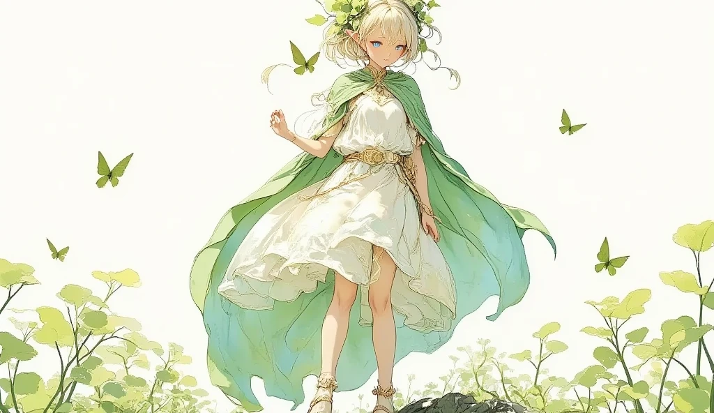 (Masterpiece:1.3,  top quality :1.3,  detailed depiction  :1.3,  HD :1.3, High Quality Anime Painting  ),2girl break ( 1girl , Elven Swordsman, Flying Cape, breastplate, like々Shiny Green Dress ,  Swaying Skirt ,  Lapierre sticks out,  is smiling, whole body) break ( 1girl , Daikon,  Daikon Arraune ,  White Dress ,  adorable,  She's Watching Elves ,  She's Walking with an Elf Woman),  (background\Beautiful lakeside), (side view, Vision,  Fantasy Animated Art ,  fantastic use of colors,  Expression of the Highest Colors ,  Incredibly Beautiful Color Expression ,  Pale and Gentle Watercolor Art , Beautiful expression of light)