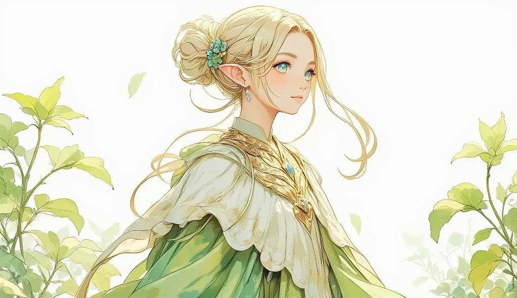 (Masterpiece:1.3,  top quality :1.3,  detailed depiction  :1.3,  HD :1.3, High Quality Anime Painting  ),2girl break ( 1girl , Elven Swordsman, Flying Cape, breastplate, like々Shiny Green Dress ,  Swaying Skirt ,  Lapierre sticks out,  is smiling, whole body) break ( 1girl , Daikon,  Daikon Arraune ,  White Dress ,  adorable,  She's Watching Elves ,  She's Walking with an Elf Woman),  (background\Beautiful lakeside), (side view, Vision,  Fantasy Animated Art ,  fantastic use of colors,  Expression of the Highest Colors ,  Incredibly Beautiful Color Expression ,  Pale and Gentle Watercolor Art , Beautiful expression of light)