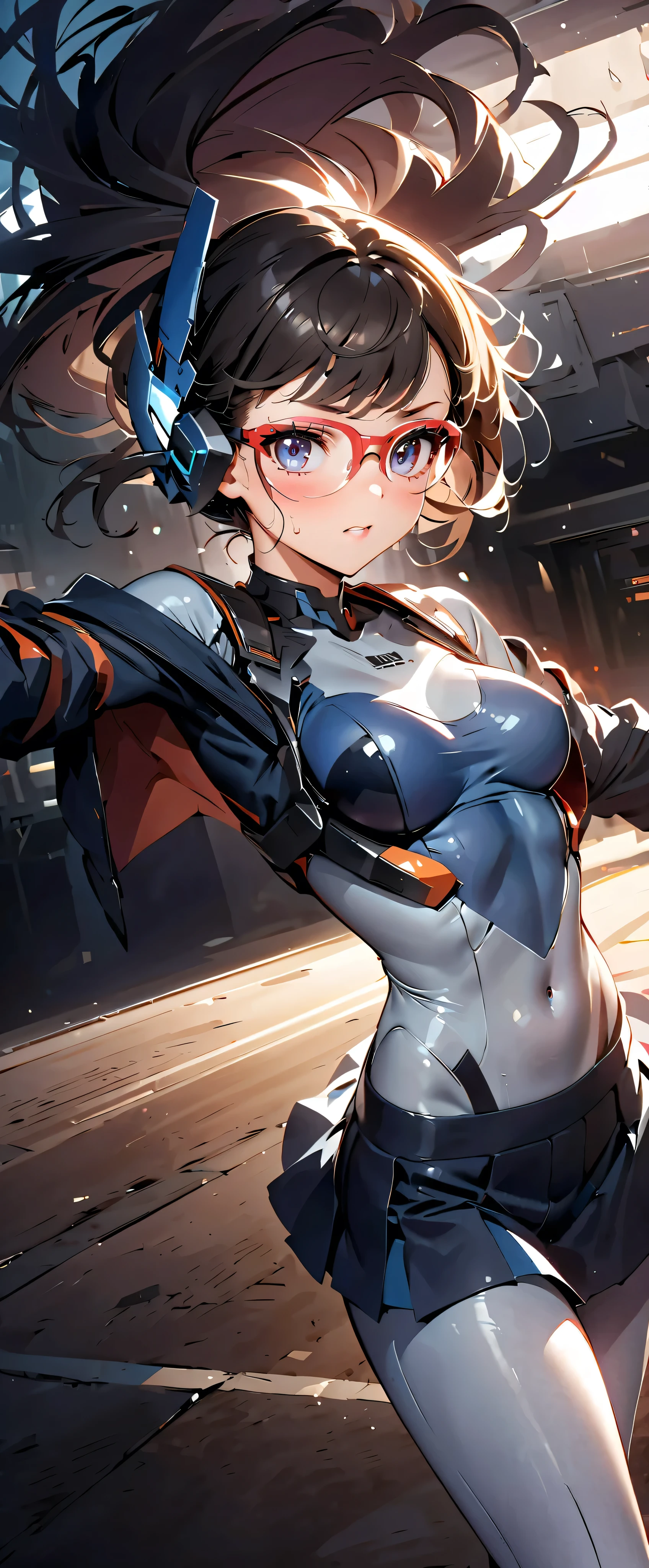 (((Masterpiece)))、(( best quality ))、( ultra detail )、(CG illustration)、( very beautiful girl ))、 cinematic lights 、((1. Mechanical Girl))、 sci-fi 、Apocalypse、Sensual and ugly、(Beautiful and luxurious:1.2)、( one girl:1.3)、Expectations,,white and navy blue bodysuit,(( micro tight skirt )),,Medium bust,( skinny),Wet with sweat, off shoulder , dynamic pose,Glasses