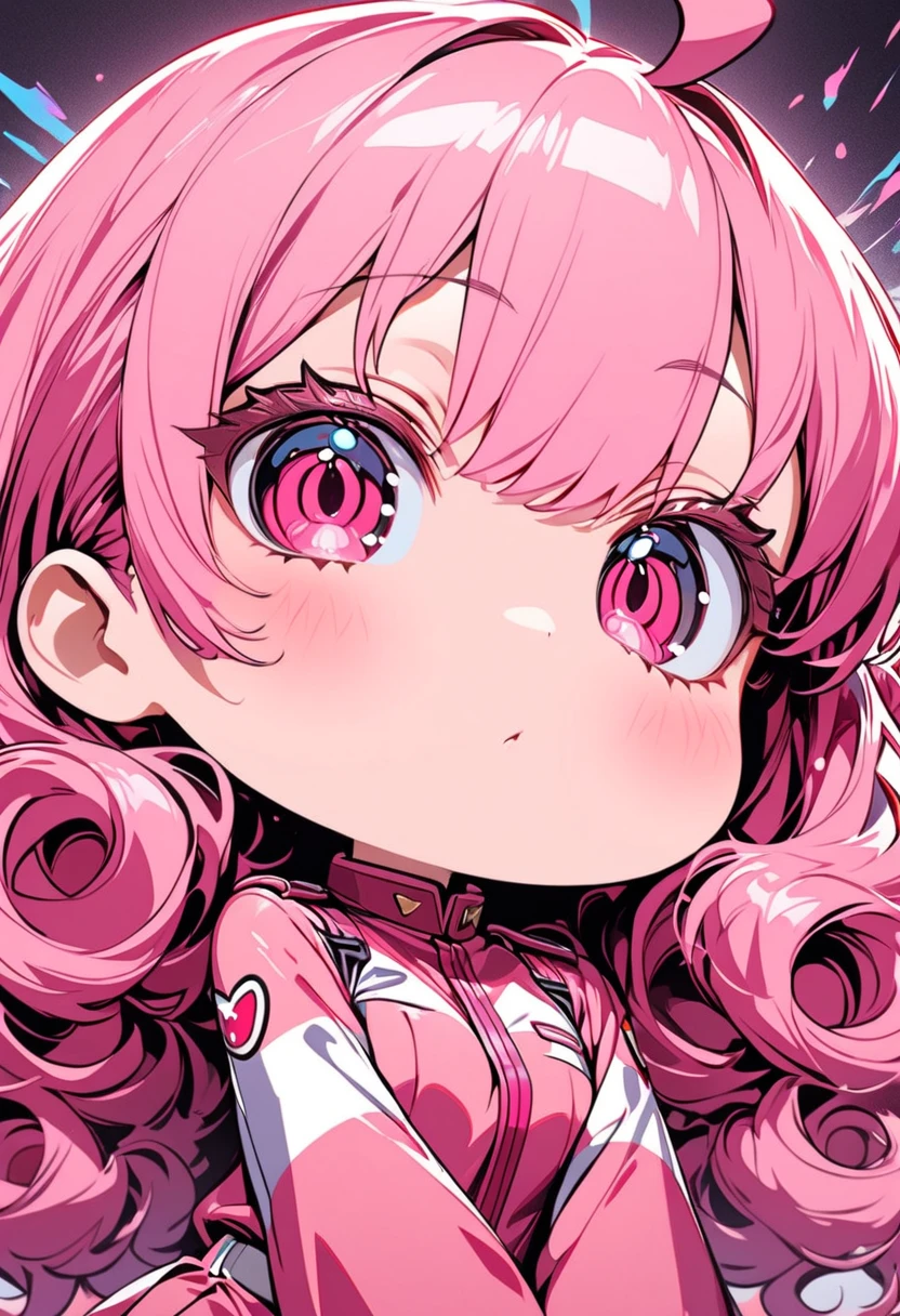 1 girl, two-head-proportion super-deformed chibi character, pink hair with curls outwards, ahoge, long thick pink eyelashes, big captivating pink eyes, white and pink combat uniform, cute. pop art. ultra detailed, absolutely resolution, masterpiece