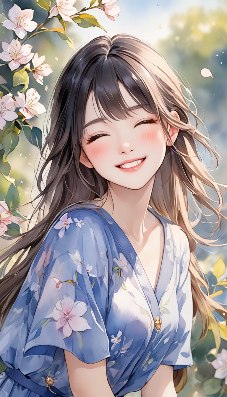 Intense watercolor、Masterpiece, best quality , HD、 Beauty and Aesthetics :1.2、 young single woman、 I'm smiling with my eyes closed、 cute face、 detailed animated illustration art、