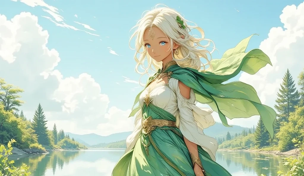 (Masterpiece:1.3,  top quality :1.3,  detailed depiction  :1.3,  HD :1.3, High Quality Anime Painting  ),2girl break ( 1girl , Elven Swordsman, Flying Cape, breastplate, like々Shiny Green Dress ,  Swaying Skirt ,  Lapierre sticks out,  is smiling, whole body) break ( 1girl , Daikon,  Daikon Arraune ,  White Dress ,  adorable,  She's Watching Elves ,  She's Walking with an Elf Woman),  (background\Beautiful lakeside), (side view, Vision,  Fantasy Animated Art ,  fantastic use of colors,  Expression of the Highest Colors ,  Incredibly Beautiful Color Expression ,  Pale and Gentle Watercolor Art , Beautiful expression of light)