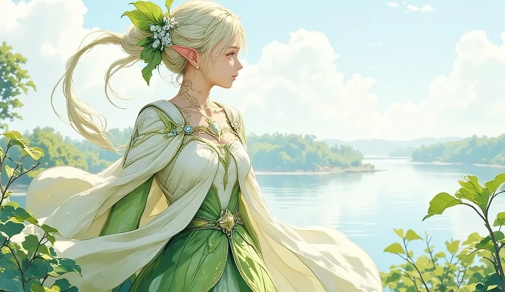 (Masterpiece:1.3,  top quality :1.3,  detailed depiction  :1.3,  HD :1.3, High Quality Anime Painting  ),2girl break ( 1girl , Elven Swordsman, Flying Cape, breastplate, like々Shiny Green Dress ,  Swaying Skirt ,  Lapierre sticks out,  is smiling, whole body) break ( 1girl , Daikon,  Daikon Arraune ,  White Dress ,  adorable,  She's Watching Elves ,  She's Walking with an Elf Woman),  (background\Beautiful lakeside), (side view, Vision,  Fantasy Animated Art ,  fantastic use of colors,  Expression of the Highest Colors ,  Incredibly Beautiful Color Expression ,  Pale and Gentle Watercolor Art , Beautiful expression of light)