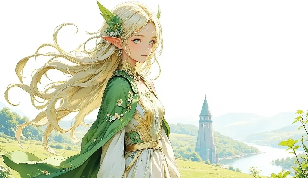 (Masterpiece:1.3,  top quality :1.3,  detailed depiction  :1.3,  HD :1.3, High Quality Anime Painting  ),2girl break ( 1girl , Elven Swordsman, Flying Cape, breastplate, like々Shiny Green Dress ,  Swaying Skirt ,  Lapierre sticks out,  is smiling, whole body) break ( 1girl , Daikon,  Daikon Arraune ,  White Dress ,  adorable,  She's Watching Elves ,  She's Walking with an Elf Woman),  (background\Beautiful lakeside), (side view, Vision,  Fantasy Animated Art ,  fantastic use of colors,  Expression of the Highest Colors ,  Incredibly Beautiful Color Expression ,  Pale and Gentle Watercolor Art , Beautiful expression of light)