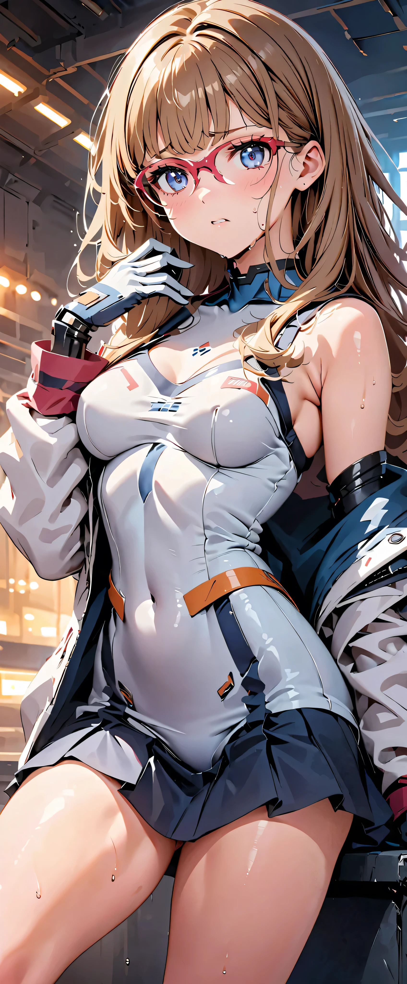 (((Masterpiece)))、(( best quality ))、( ultra detail )、(CG illustration)、( very beautiful girl ))、 cinematic lights 、((1. Mechanical Girl))、 sci-fi 、Apocalypse、Sensual and ugly、(Beautiful and luxurious:1.2)、( one girl:1.3)、Expectations,,white and navy blue bodysuit,(( micro tight skirt )),,Medium bust,( skinny),Wet with sweat, off shoulder , dynamic pose,Glasses