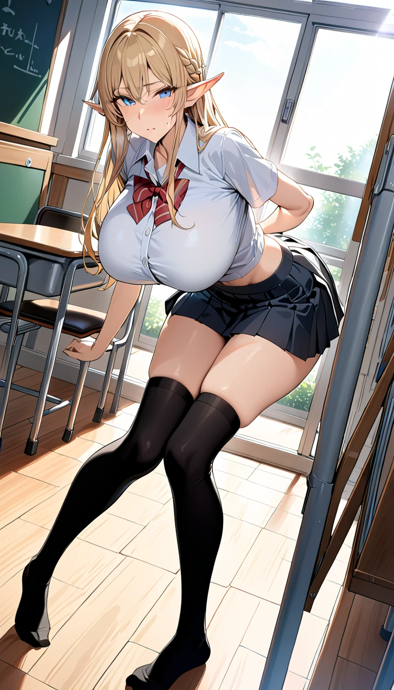 Marin Kitagawa, classroom, sexy, white shirt, white heels, black skirt, black pantyhose, red nails, red tie, fullbody, perfect body, detailed face, detailed eyes, large breasts, sitting on desk, (best quality,4k,8k,highres,masterpiece:1.2),ultra-detailed,high quality,intricate details,elegant,sensusl,vivid colours,seductive pose,smiling,mocking,blonde hair, look from below ,crossed legs,choker,cum on pantyhose,sperm on pantyhose, ashamed ,horny , exhausted face, orgasm face,leotard see through clothing ,sperm on heels,offer her leg to camera