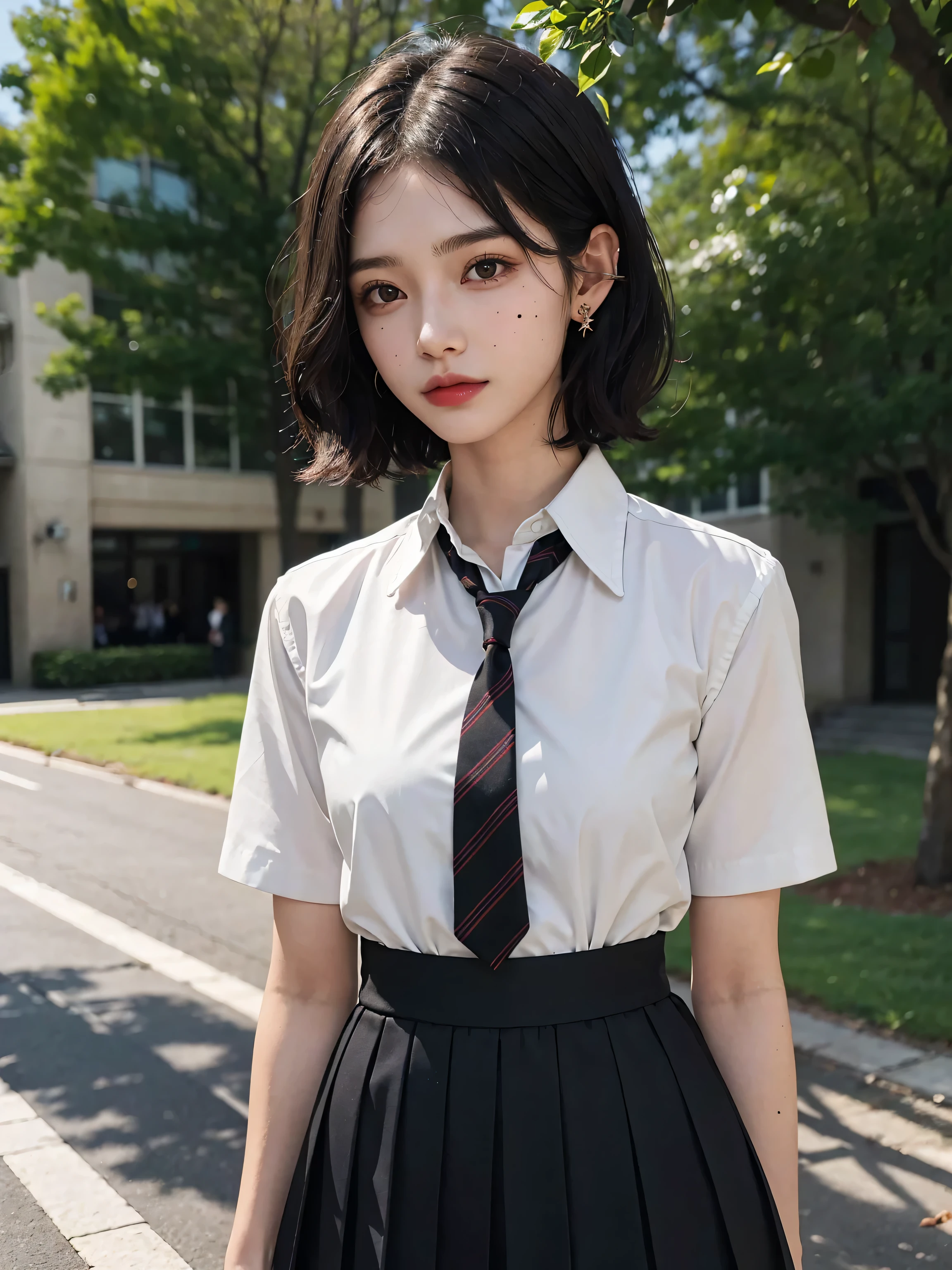 Grey eyes, Korean school uniform, summer school uniform shirt, ribbon tie, skirt, Light blonde, school stairs, going down school stairs, chest thrusting pose, chest bragging pose, 8K RAW photo, high resolucion, cool Korean at 16 years old, very big round chest, beautiful eyes in detail, long eyeslashes, beautiful double eyelids, eyeshadows, eyeliner, slender eyes, elongated eye shape, sanpaku eyes, malevolent grin, evil look, Beautiful very thin legs, beautiful very thin thighs, random medium hair, hair tied behind the head, Earrings,