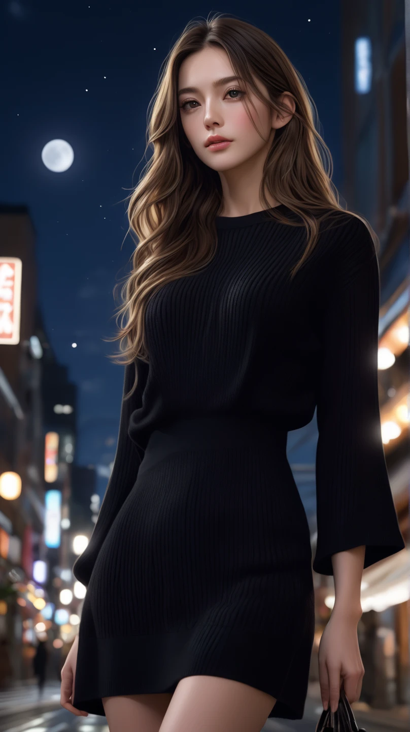 (full body shot), ultra-detailed, realistic, photorealistic:1.37, beautiful detailed eyes, beautiful detailed lips, extremely detailed face, long eyelashes, intimate view, slender, soft lighting, vibrant colours, random hairstyle, random hair colour, light brown eyes, flawless skin texture, perky, gentle breeze, sexy secretary, sheer black long sleeve shirt, tight skirt with bra on, on rooftop patio in the middle of a concrete jungle, night.