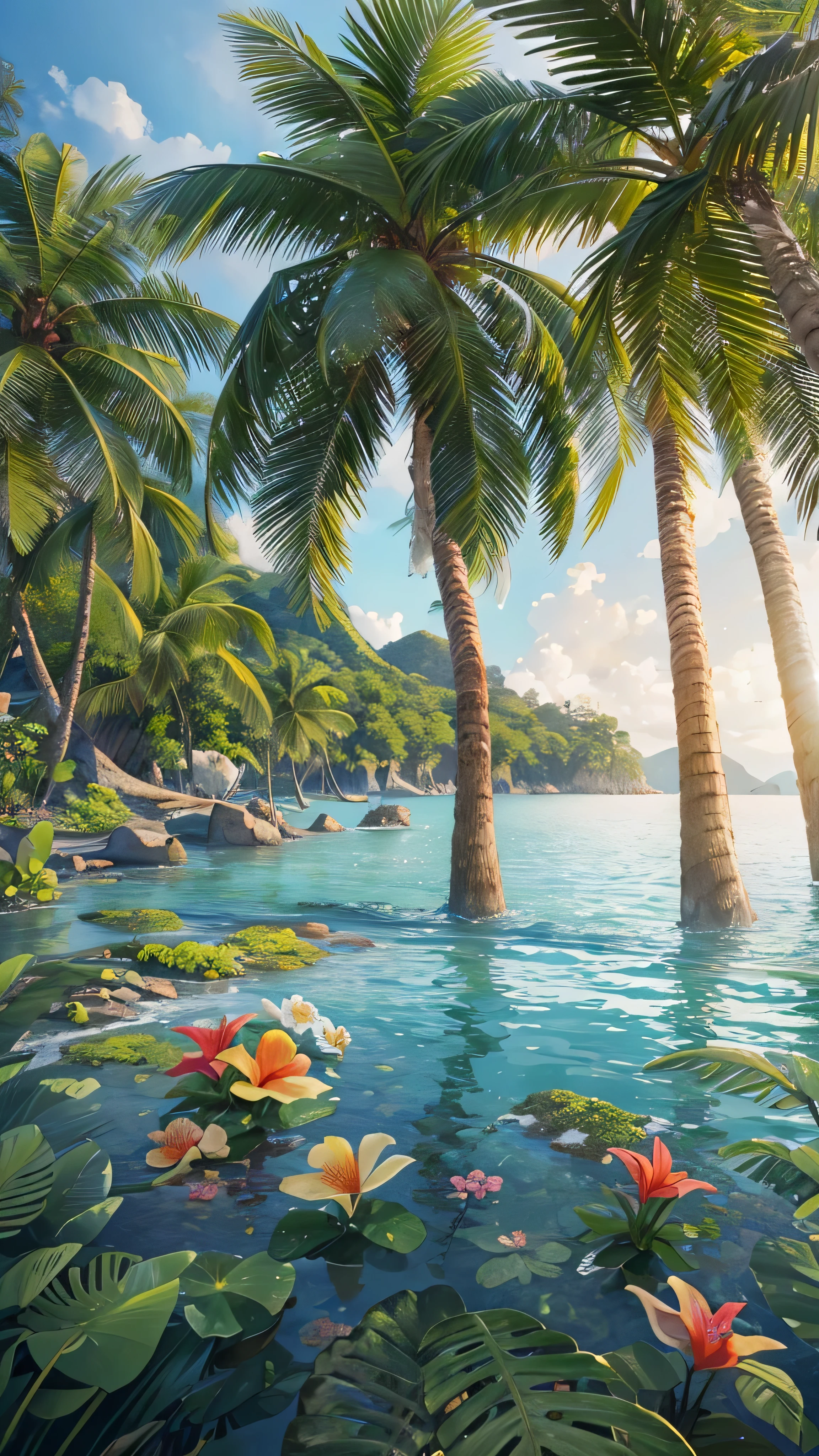 Painting of a tropical island with palm trees and water lillies - SeaArt AI