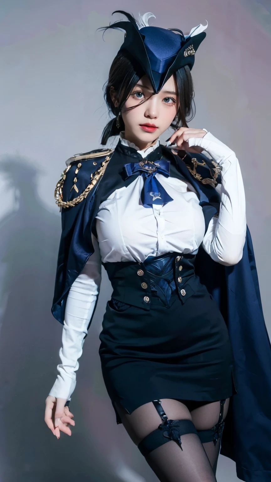 (Best Quality, Masterpiece:1.4), (Realism:1.2), (Realisitc:1.2), (Absurdres:1.2), (photorealistic:1.3), 1girl,Realistic Skin,Solo,( Very Big Eyes,beautiful detailed eyes, symmetric eyes),(cowboy shot:1.4), <lora:FurinaGenshin_NDV-10:0.7> furina \(genshin impact\), heterochromia, mismatched gloves, top hat, blue jacket, short shorts, thigh strap, high heels, frilled socks, waist cape, looking at viewer, dancing, happy, theater, depth of field, indoors
