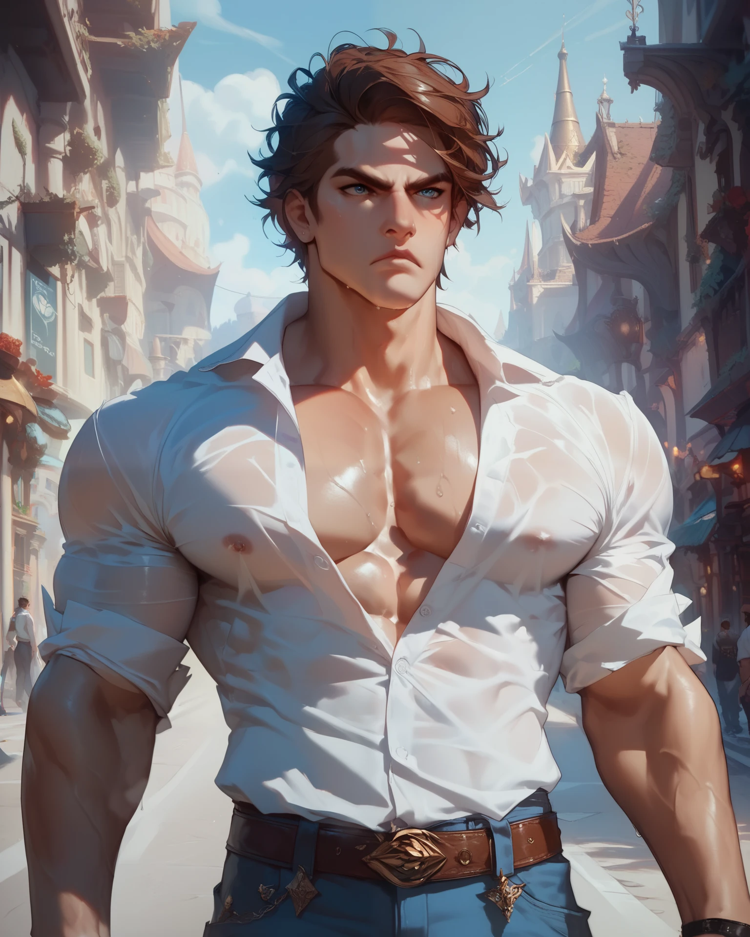 A portrait image of a strong, muscular guy, with, Caucasian, masculine, and (black colored short messy hair). He has a strong jaw, serious, determined, wide shoulders, broad chest, muscular arms, (wearing a white dress shirt) and some dark colored pants, sweaty. Fantasy city background. High quality, best quality.