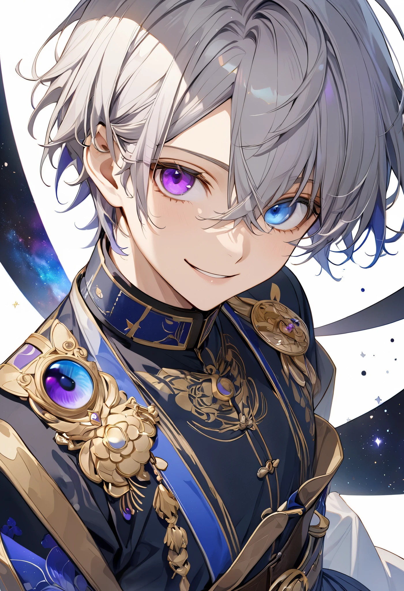 fresh illustration ,
Superfine painting,
very delicate illustration ,
Very fine details ,
Picture of only one boy ,
standing,
Height: 158cm,
Beige Skin,
((The iris of the right eye is purple ))
(( the iris of the left eye is blue))
((Complete iris heterochromia )),
beautiful eyes,
large black pupils ,
short hair,
Gray Hair,
hair roots are bluish ,
The hair has gradation ,
shiny hair with makeup,
Beautiful and pretty face,
is smiling,
There is a small shining halo floating above the head,
raised eyebrows ,
The upper body is wearing a kimono in kimono ,
Six Pack,
The color of the belt is black ,
Overall flashy white clothes ,
The belt is tastefully embroidered with gold thread ,
fine fabric clothing ,
Isometric,
Golden Ratio,
god々 like atmosphere,
The undershirt is indigo-colored with a stand-up collar,
outer space ,
Milky Way,
Little Star々 upper body ,
tactical use of shadows ,
The ring of head and hair don't stick out of the angle of view ,
Clothes don't stick out of the angle of view ,
facing the front,
(( bust shot))