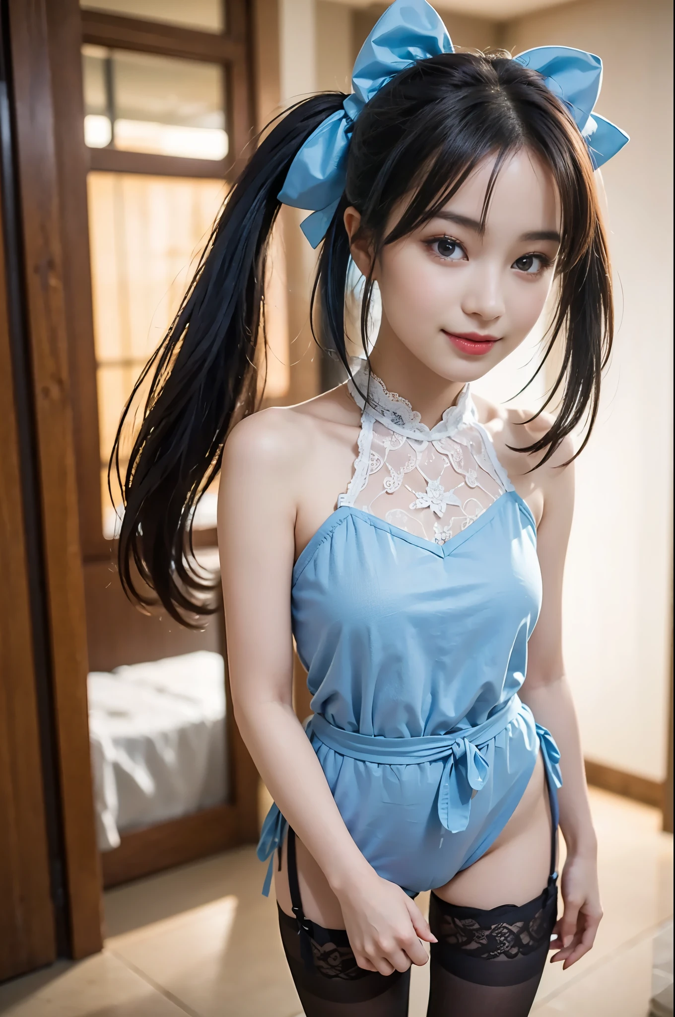 (8K, Raw photo, Best Quality, masutepiece:1.2), high-definition RAW color photography, professional photograpy, (Realistic, photographrealistic:1.37), ((Best Quality)), various attractive posing, full body shot;1.2. ung girl, asymmetrical legwear, (black bow:1.2), black ribbon, (blue hair:1.5), bow, breasts, gloves,(hair bow:1.3), (very long hair:1.2), simple background, standing, striped bow, thighhighs, white background, white gloves, (lace legwear:1.2), Delicate hands, detailed fingers, five fingers, (one hand pinching the waist:1.3), (twintails:1.3), realhands, nsfw