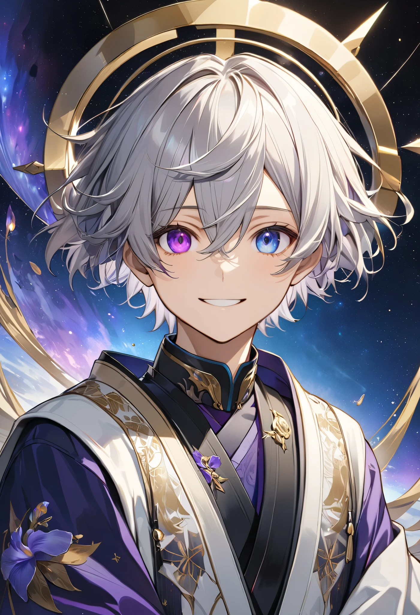  fresh illustration ,
Superfine painting,
 very delicate illustration ,
 Very fine details ,
Picture of only one boy ,
 standing,
Height: 158cm,
Beige Skin,
((The iris of the right eye is purple ))
(( the iris of the left eye is blue))
((Complete iris heterochromia )),
 beautiful eyes,
 large black pupils ,
 short hair,
Gray Hair,
 hair roots are bluish ,
 The hair has gradation ,
 shiny hair with makeup,
Beautiful and pretty face,
 is smiling,
 There is a small shining halo floating above the head,
 raised eyebrows ,
 The upper body is wearing a kimono in kimono ,
 Six Pack,
The color of the belt is black ,
Overall flashy white clothes ,
 The belt is tastefully embroidered with gold thread ,
 fine fabric clothing ,
Isometric,
Golden Ratio,
god々 like atmosphere,
 The undershirt is indigo-colored with a stand-up collar,
 outer space ,
Milky Way,
Little Star々 upper body ,
 tactical use of shadows ,
 The ring of head and hair don't stick out of the angle of view ,
Clothes don't stick out of the angle of view ,
 facing the front,
(( bust shot))