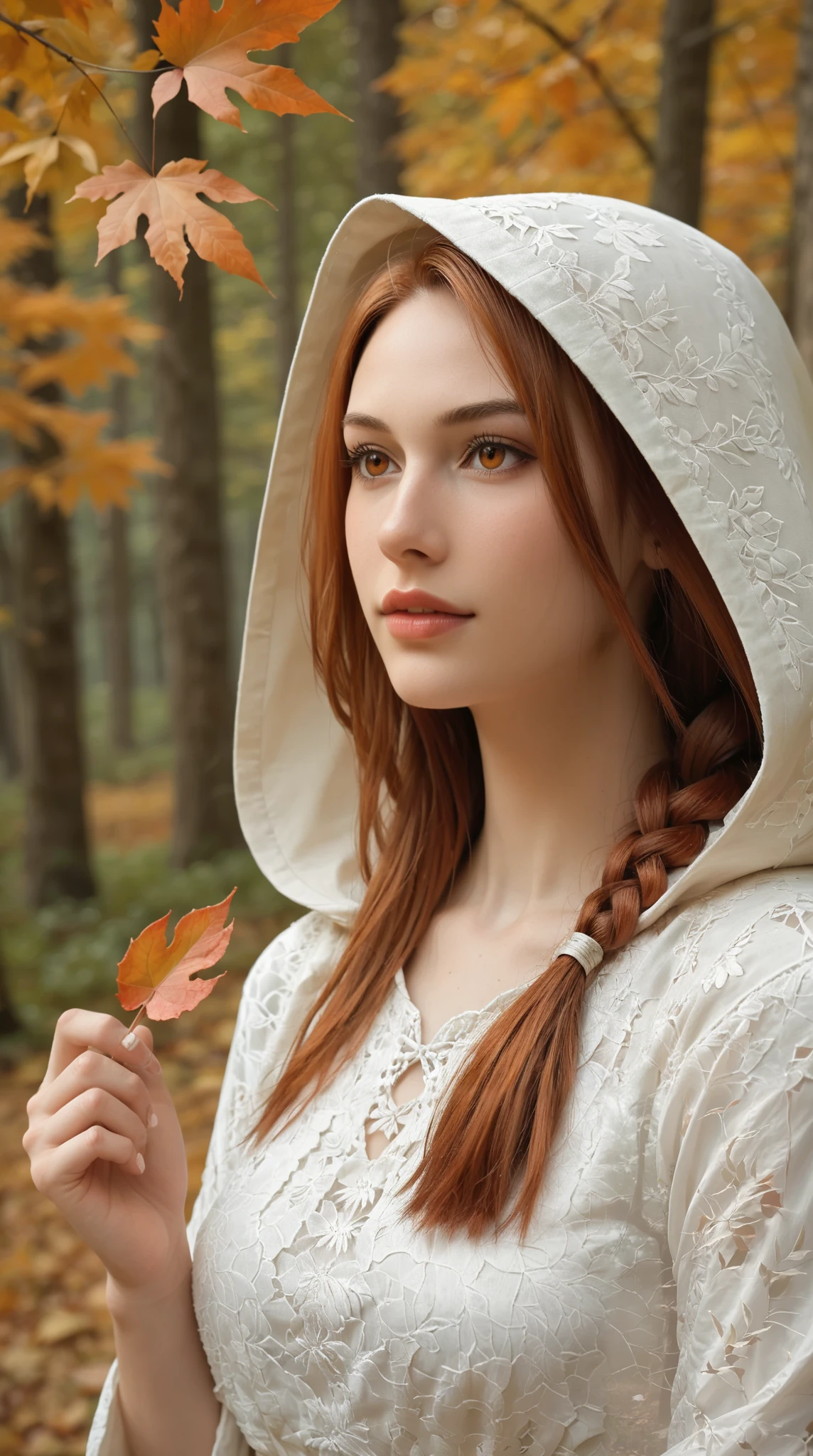 score_9, score_8_up, score_7_up, (masterpiece, UHD, 8K, 16K, ultra detailed), sfw, close-up shot, portrait, 1girl, (beautiful face:1.3), elf girl, orange eyes, one side braided hair, ginger hair, holding a red leaf, white dress with hood, intricate details, (murmuring leaves:1.2), (wind:1.2), (RPG, medieval fantasy), autumn forest background, (depth of field), bokeh, natural light, diffused light, dramatic ambient