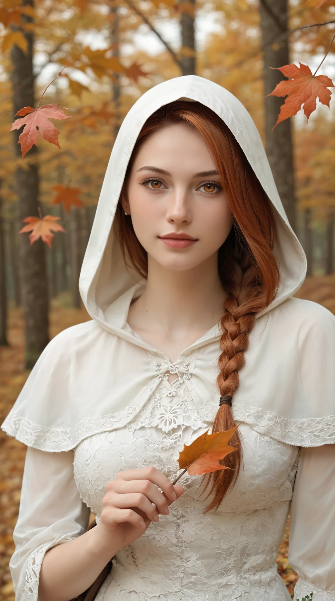 score_9, score_8_up, score_7_up, (masterpiece, UHD, 8K, 16K, ultra detailed), sfw, close-up shot, portrait, 1girl, (beautiful face:1.3), elf girl, orange eyes, one side braided hair, ginger hair, holding a red leaf, white dress with hood, intricate details, (murmuring leaves:1.2), (wind:1.2), (RPG, medieval fantasy), autumn forest background, (depth of field), bokeh, natural light, diffused light, dramatic ambient