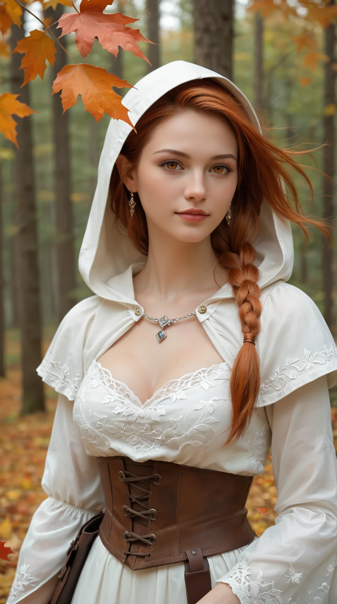 score_9, score_8_up, score_7_up, (masterpiece, UHD, 8K, 16K, ultra detailed), sfw, close-up shot, portrait, 1girl, (beautiful face:1.3), elf girl, orange eyes, one side braided hair, ginger hair, holding a red leaf, white dress with hood, intricate details, (murmuring leaves:1.2), (wind:1.2), (RPG, medieval fantasy), autumn forest background, (depth of field), bokeh, natural light, diffused light, dramatic ambient