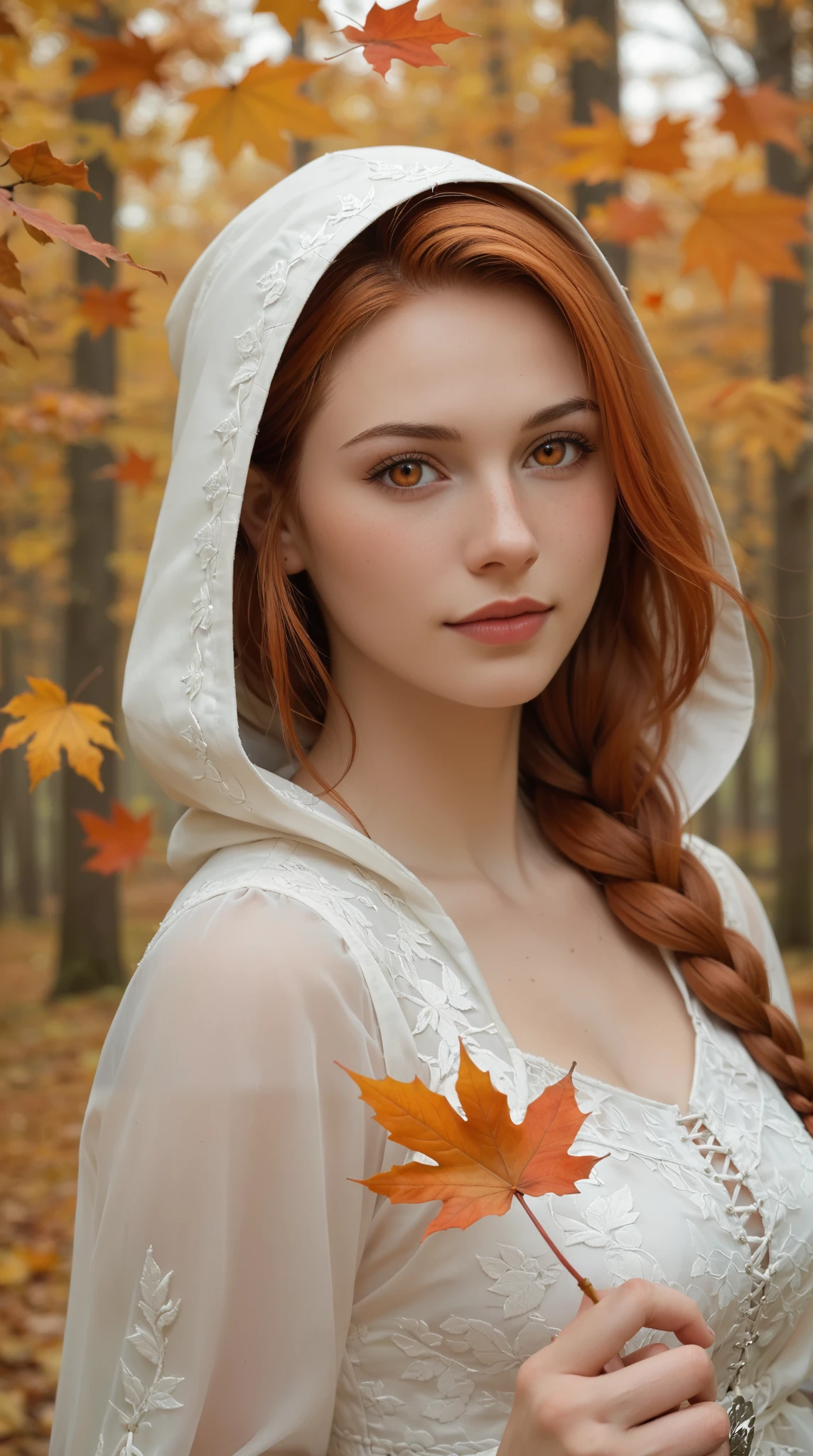 score_9, score_8_up, score_7_up, (masterpiece, UHD, 8K, 16K, ultra detailed), sfw, close-up shot, portrait, 1girl, (beautiful face:1.3), elf girl, orange eyes, one side braided hair, ginger hair, holding a red leaf, white dress with hood, intricate details, (murmuring leaves:1.2), (wind:1.2), (RPG, medieval fantasy), autumn forest background, (depth of field), bokeh, natural light, diffused light, dramatic ambient