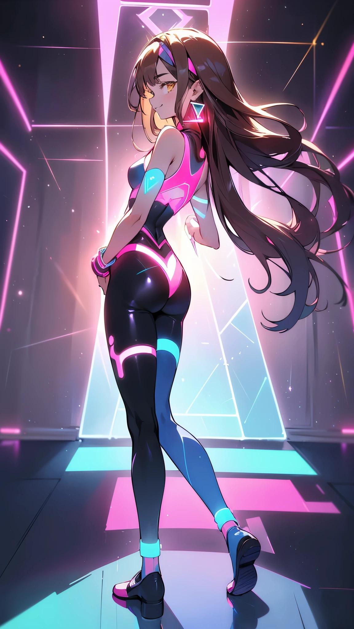 highest quality Highest quality Draw a face carefully High-definition anime-style face Super Glowing Skin Black full body suit barefoot Succubus lure smile Rear view Back view