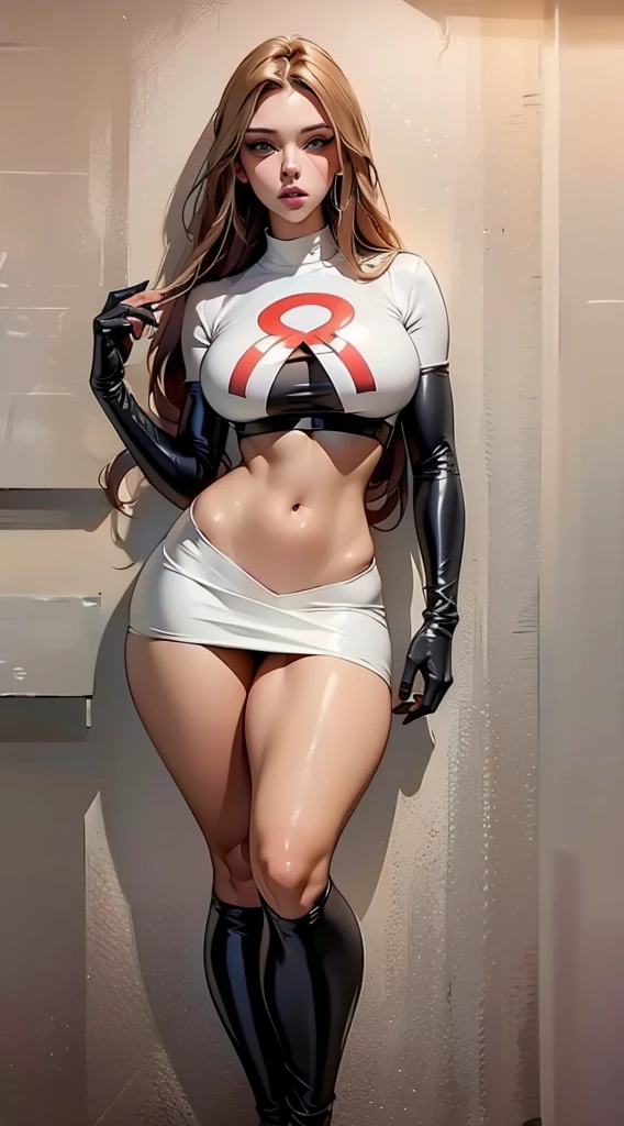((Masterpiece, best quality, edgQuality)) smiling, solo, thicc girl posing for a picture, arms along body,((simple white background)) edgPlugsuit, big breasts, full body, skin tight, wearing edgPlugsuit bodysuit  