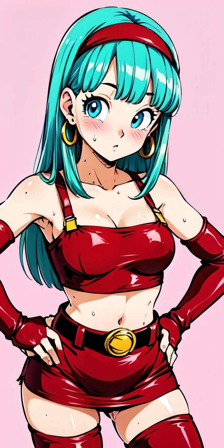 1 Female,High definition,high resolution,Ultra-realistic,8K,bulla, 1girl, solo, long hair, straight hair, blunt bangs, aqua hair, blue eyes, eyelashes,
red hairband, elbow gloves, red gloves, fingerless gloves, red crop top, midriff, bare shoulders, belt, hoop earrings, bridal gauntlets, red skirt, thigh boots, red footwear, (black thong),European,sexy,Upper body close-up,Photographed from the front,Dynamic Angles,blush, (big ),cute face, facial, sweat, perfect face, perfect body,(wide thighs:1.3),cute face,cameltoe,(hands on hips)