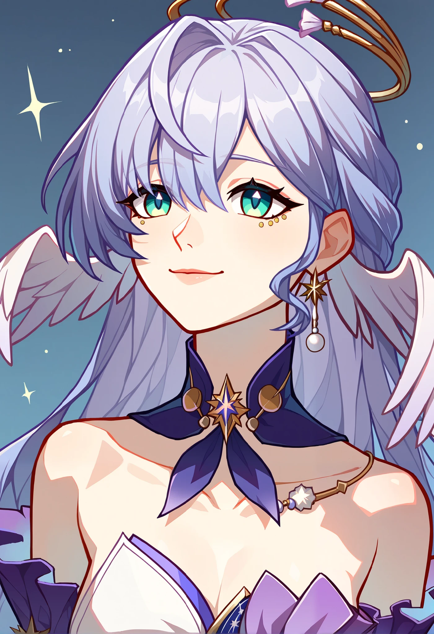 1girl, robin_\(honkai:_star_rail\), bare_shoulders, head_wings, white_dress, white_gloves, detached_sleeves, short_sleeves, aqua_eyes, long_hair, halo, purple_dress, hair_between_eyes, earrings, purple_hair