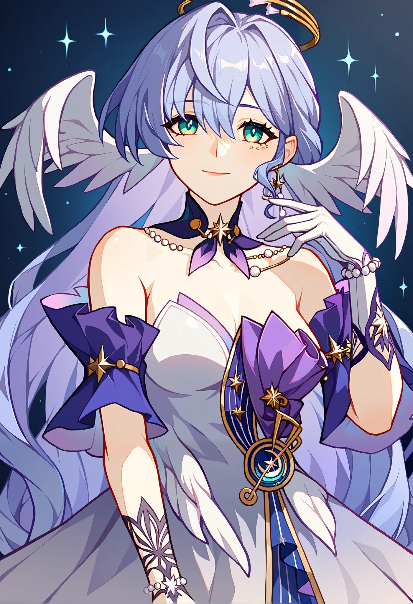 1girl, robin_\(honkai:_star_rail\), bare_shoulders, head_wings, white_dress, white_gloves, detached_sleeves, short_sleeves, aqua_eyes, long_hair, halo, purple_dress, hair_between_eyes, earrings, purple_hair