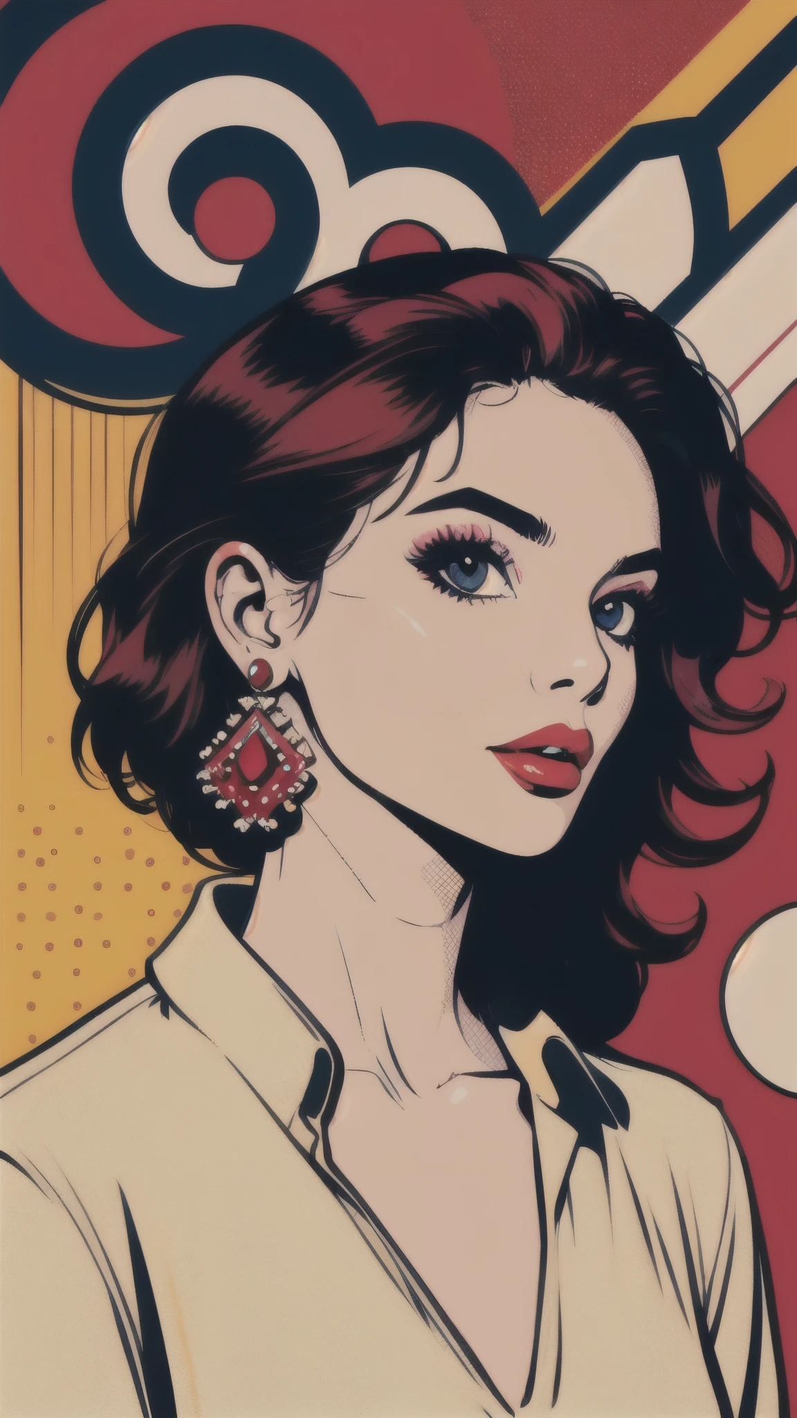 pop art,1girl,solo,shirt,jewelry,closed mouth,upper body,earrings,lips,looking at viewer,red lips, Fully naked.