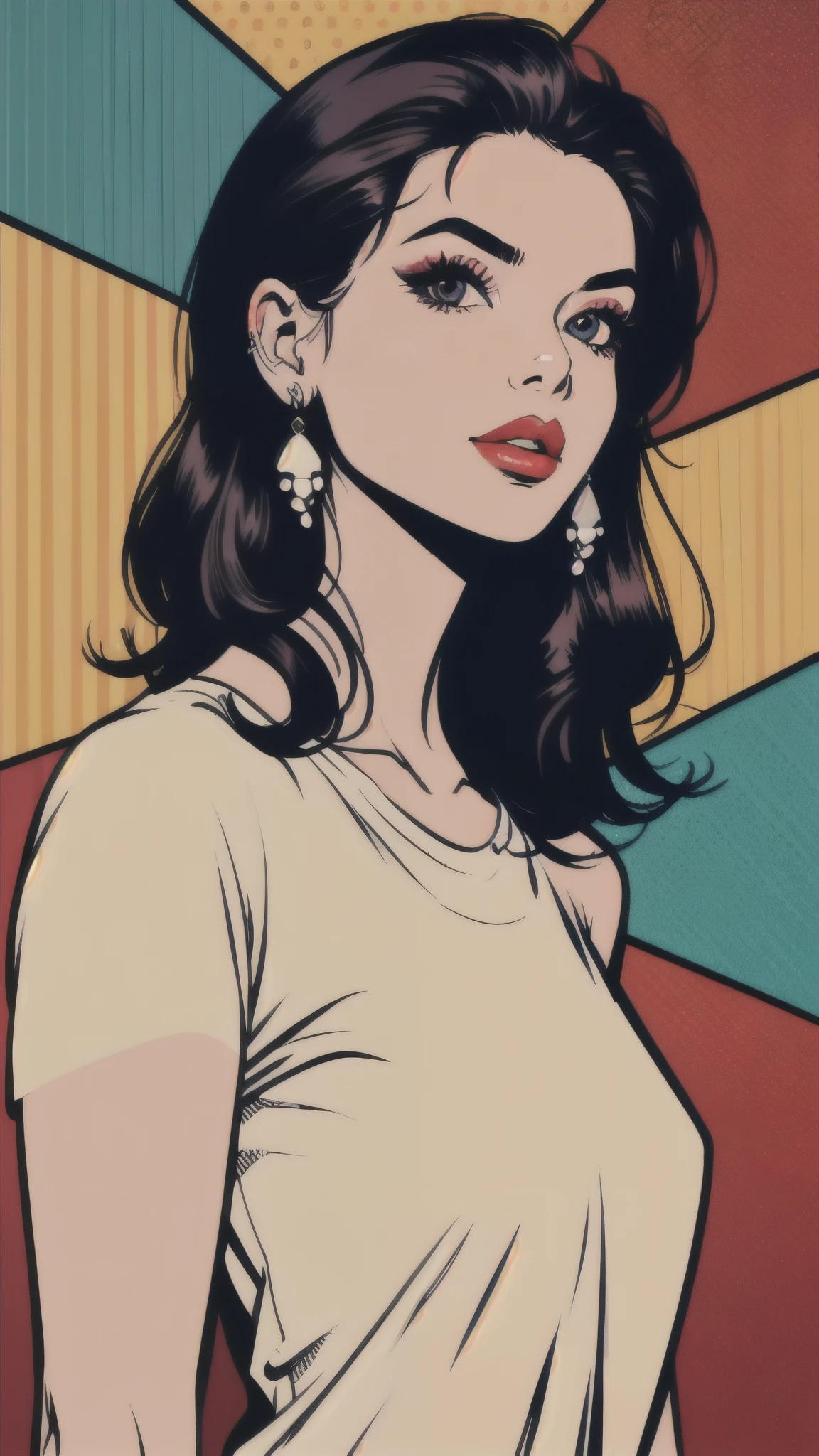 pop art,1girl,solo,shirt,jewelry,closed mouth,upper body,earrings,lips,looking at viewer,red lips, Fully naked.