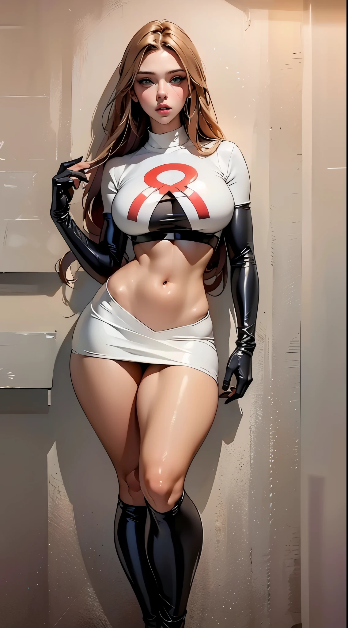 A nurse whose skin color is very beautiful. Young people desire her. She wears a long, transparent white jacket, white underwear, and a white hat. Her body is attractive, like an hourglass, standing and bent over, working on a microscope.