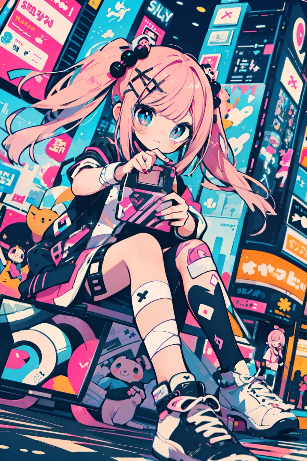 1 girl, vista  From below,  From below, perspective, low angle, There is a girl on the public street in Shibuya, holding a flip phone in his hand, She has long painted nails with decoratetions, nail art,  She has deep pink hair in long pigtails with bangs ,  Her eyes are blue and have spirals in them , pupil spiral, decorate,  hair clips ,  accessories,  hair ornaments, Bandage on knees and arm, X bandage, showy, She wears kawaii clothes,  You can see the buildings of the city in the background and the mall "shibuya109", Ella es feliz y decorateda con purpurina, Shimmer and beads, Dazzling accessories