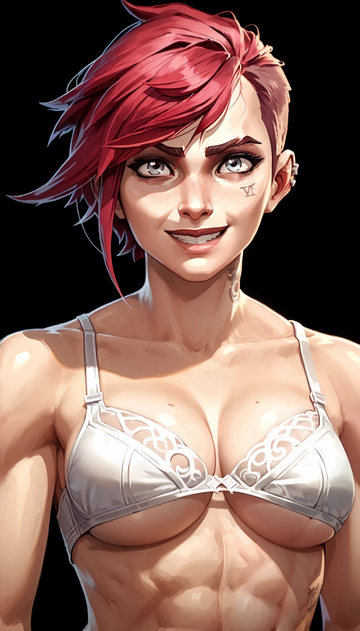 one woman, vi from league of legends, (grey eyes:1.2), short hair, red hair, (bust, upper body:1.3), (black background, clear background:1.5), (studio lights, deep shadows:1.3), (big chest, slender body, bare shoulders, bare hands:1.2), (white bra, underboob:1.5), (joyful face, smile, smug face:1.2)