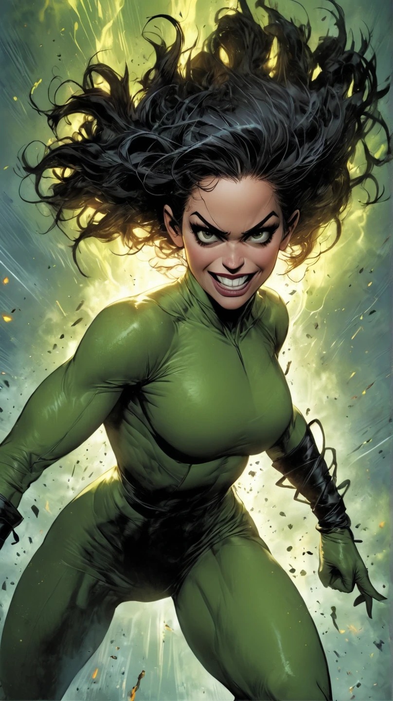 Sexy superheroine, huge breast, wide cleveage, tight black suit with neon green detaills, black knee high boots, longue gloves, green eyes, short black hair, black cape, flying in the space, smiling, power pose, closed fist, ultra powerfull