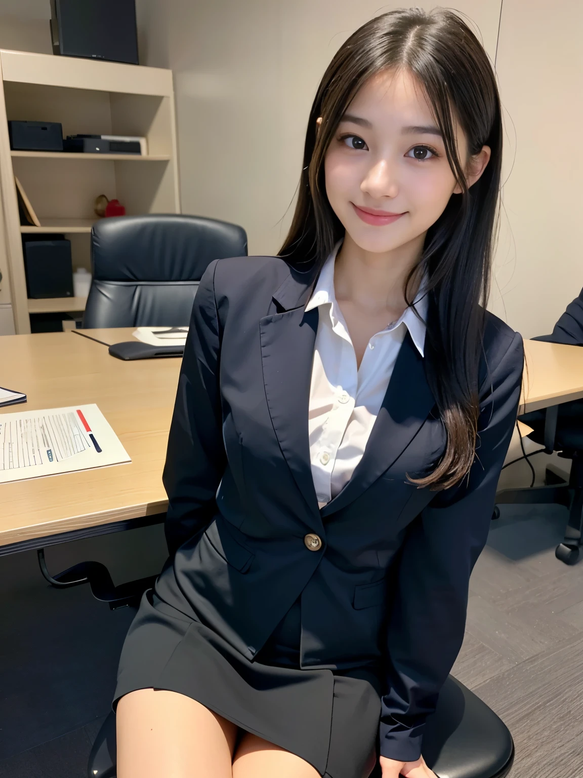 Tabletop, Highest quality, figure, Very detailed, In detail, High resolution, 8k wallpaper, Cute like an idol、Junior high school girl、Office Lady、Recruitment Suit、Big Breasts、Beautiful attention to detail,Black knee-high socks、Sit on a chair、Crossing your legs、Plump thighs、Knee Up、From before、Sexy pose