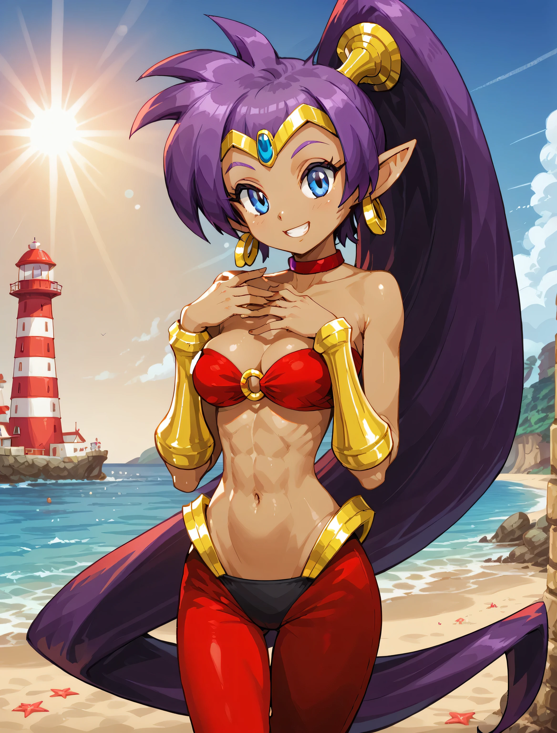 (masterpiece, best quality:1.1), ryouko_(tenchi_muyou!), hand on hip, smile, 1girl, solo, big hair, blue hair, spiked hair, pointy ears, red earrings, highleg bikini, micro bikini,  white and red  bikini, covered, yellow eyes, huge breasts, beach, blue sky