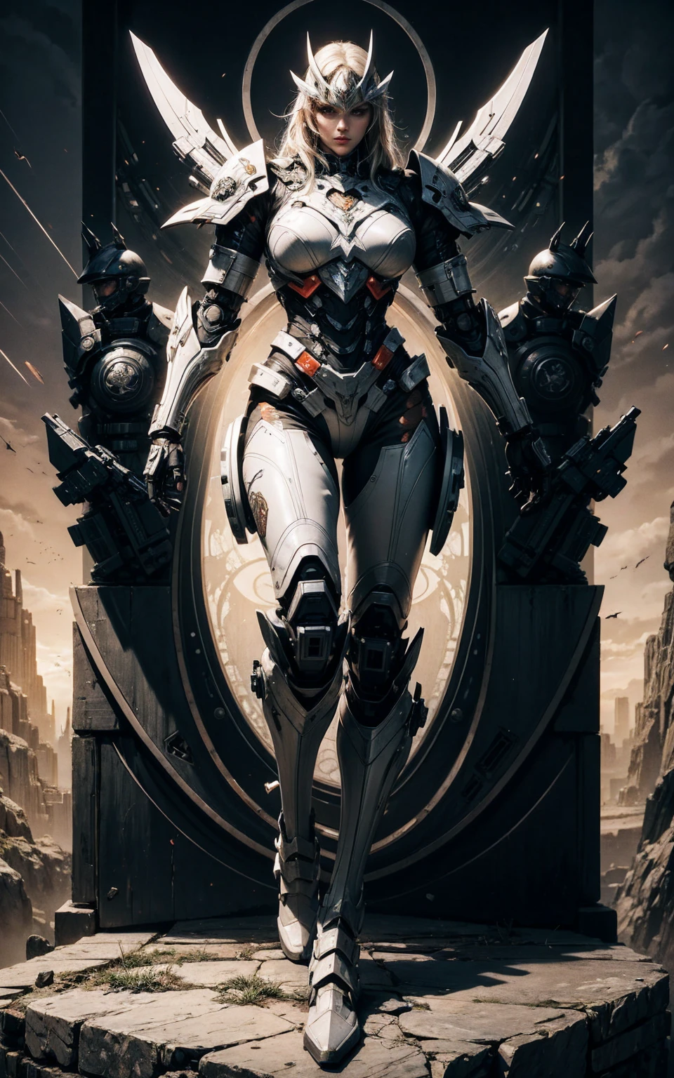 masterpiece、detailed、shiny skin、(cyborg female soldier、Machine body:1.2)、big breasts、(cleavage)、big ass、(thigh focus)、ponytail、brown eyes、(非常にdetailedな目と顔)、(Accurately drawn face)、(He wears intricate black armor and a black helmet.:1.5)、High-leg leotard with gold decorations、black knee high boots、(Internal machinery exposed through damaged armor:1.5)、vivid contrasting colors、intricately designed details、(best ratio 1 thumb、Refers to 4 books:1.3)、(Wearing an intercom)、(dynamic pose:1.3)、(view from below:1.5)、(View from the front:1.5)、(Underground Arena:1.5)、