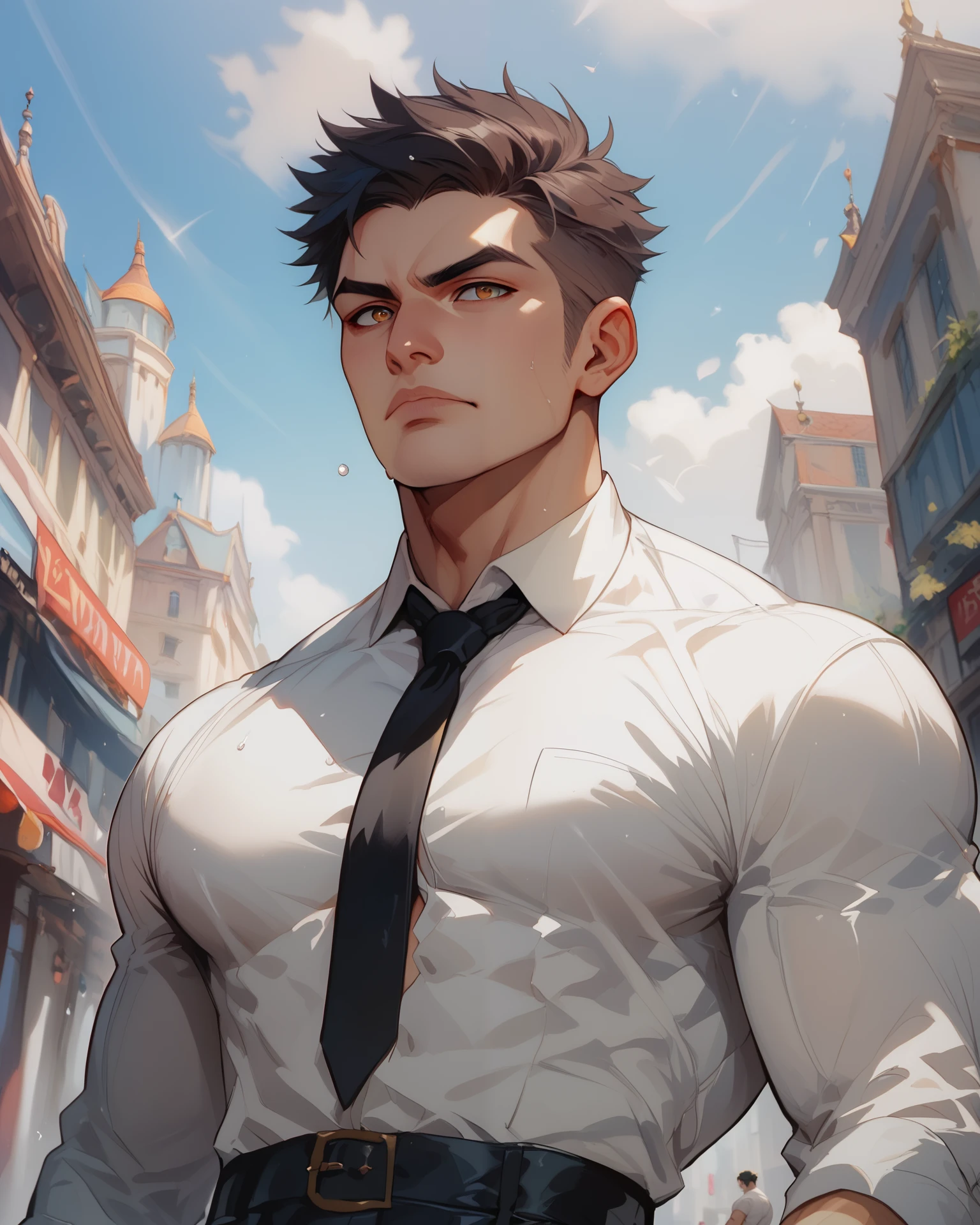 A low angle upper body portrait image of a strong, muscular 18 yo, with a white skin masculine, and (black colored short hair with bangs). He has a strong jaw, sharp jawline, serious face, wide shoulders, broad chest, V shaped body, (wearing a white dress shirt with a black tie) and some dark colored pants, sweaty. Fantasy city background. High quality, best quality.