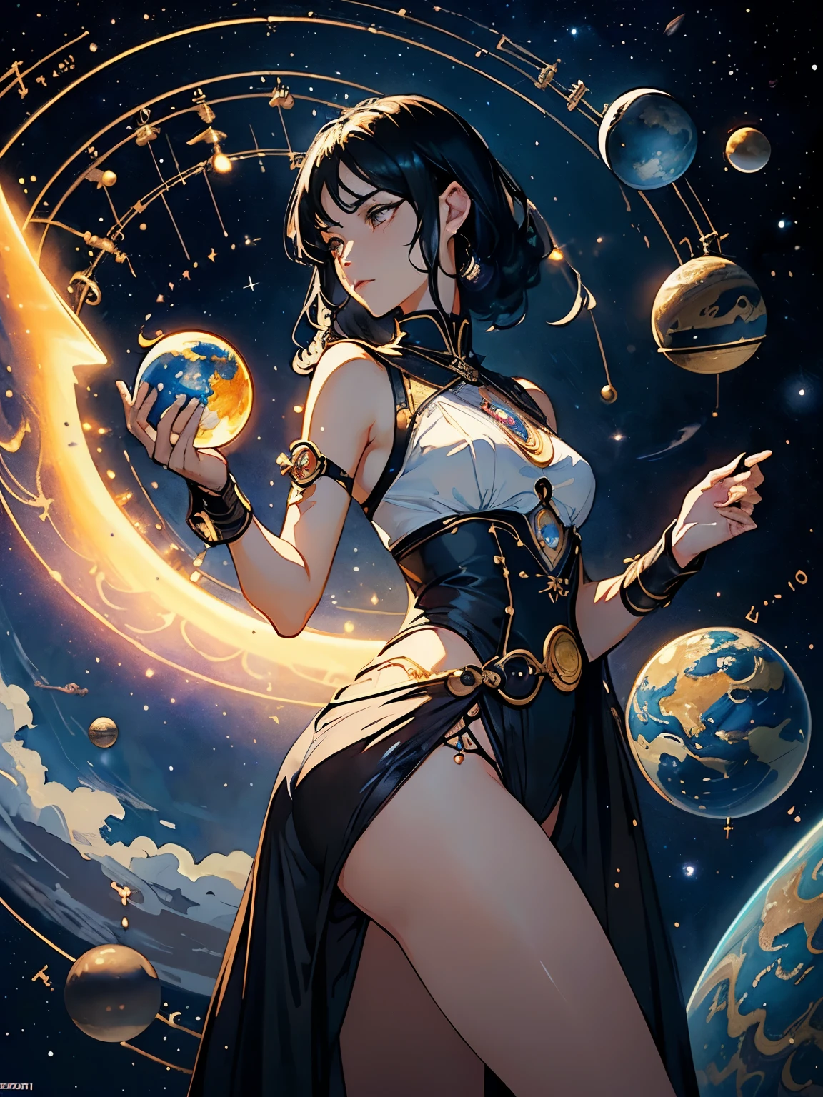 Woman with very long wavy big breast and black hair tan skin wearing a beautiful glitter dress and smiling up. Little, surrounded by outerspace, planets, and galaxies