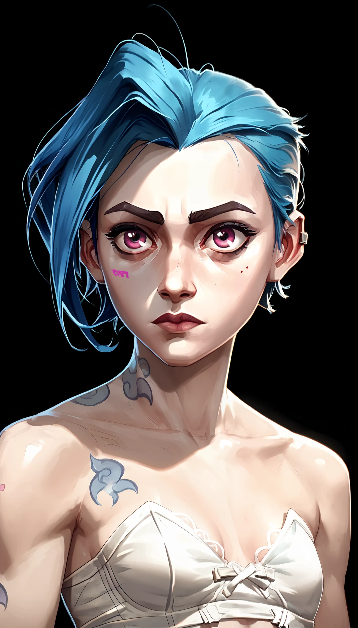 one woman, jinx from league of legends, (purple eyes:1.2), blue hair, short hair, (grey skin:1.3), (upper body:1.3), (black background, clear background:1.5), (studio lights, deep shadows:1.3), (small chest, slender body, bare shoulders, bare hands:1.2), (white strapless bra:1.5), (curious face:1.2)