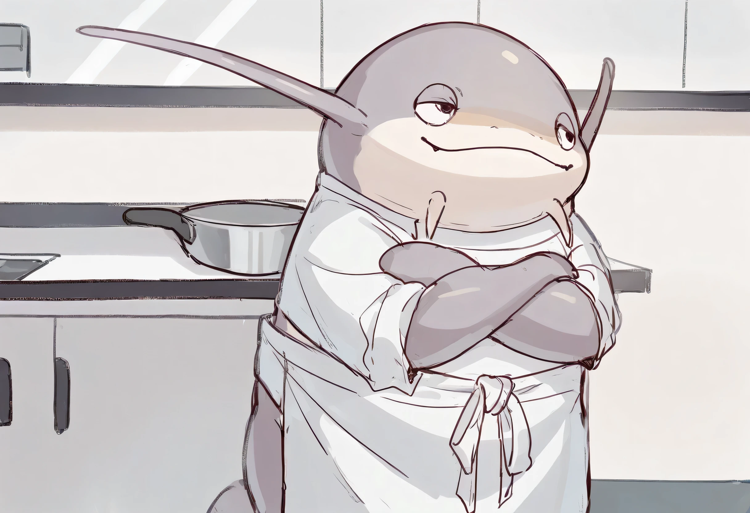 1other, namazu, dynamic pose, masterpiece, good quality, newest, very awa, absurdres, best quality, highres, enjoy, masterpiece, (16K), HD, Various facial details, detailed background, very detailed, dynamic poses, Eyes details, high resolution, high quality, correct anatomy, standing with crossed arms, Smug expression, in kitchen, chef's attire, solo