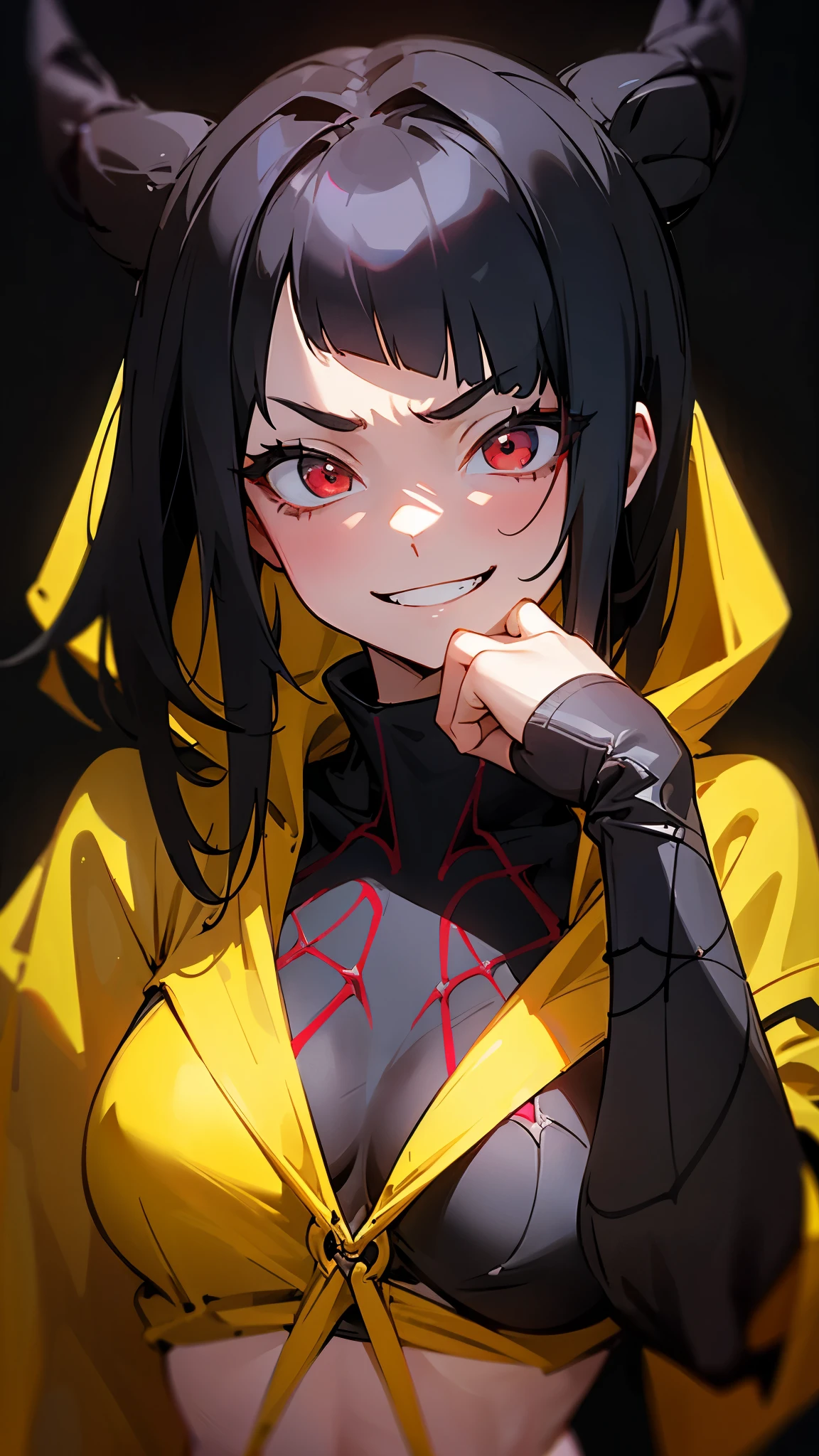  1 girl、solo、 black hair、Deep red eyes、 squint、 grin 、 Upper Body Closeup 、Best lighting、dark background 、 black bikini 、spider pattern、Wear a yellow hoodie