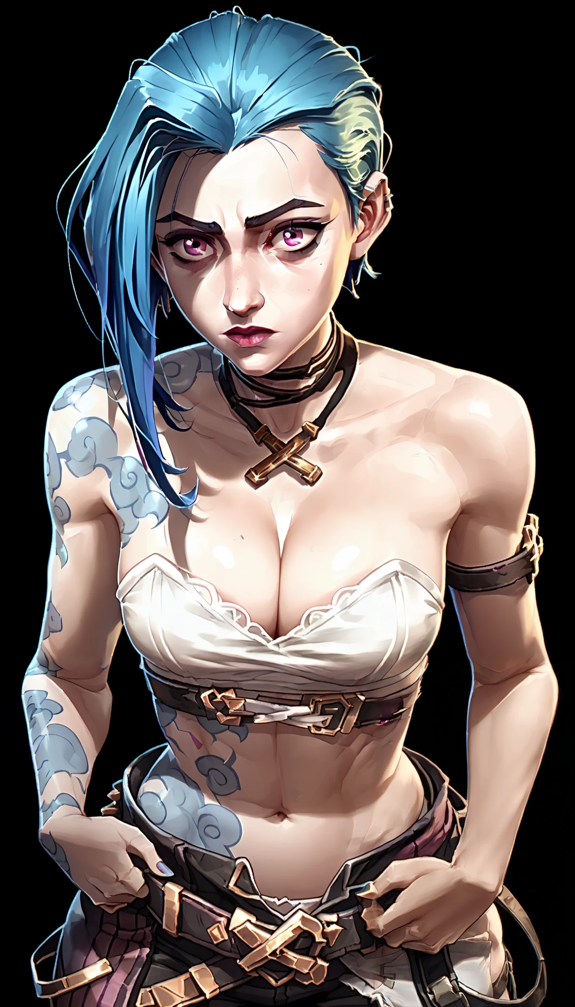 one woman, jinx from league of legends, (purple eyes:1.2), blue hair, short hair, (grey skin:1.3), (upper body:1.3), (black background, clear background:1.5), (studio lights, deep shadows:1.3), (big chest, slender body, bare shoulders, bare hands:1.2), (white strapless bra, cleavage:1.5), (curious face:1.2)