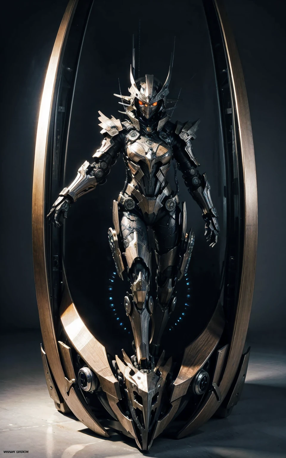 Two women who have been transformed into robots by an evil organization　Standing side by side　Face covered with a mechanical mask　Identical mechanical body　Mechanical limbs　The whole body is mirror-finished, UHD, retina, masterpiece, accurate, anatomically correct, textured skin, super detail, high details, high quality, award winning, best quality, highres
