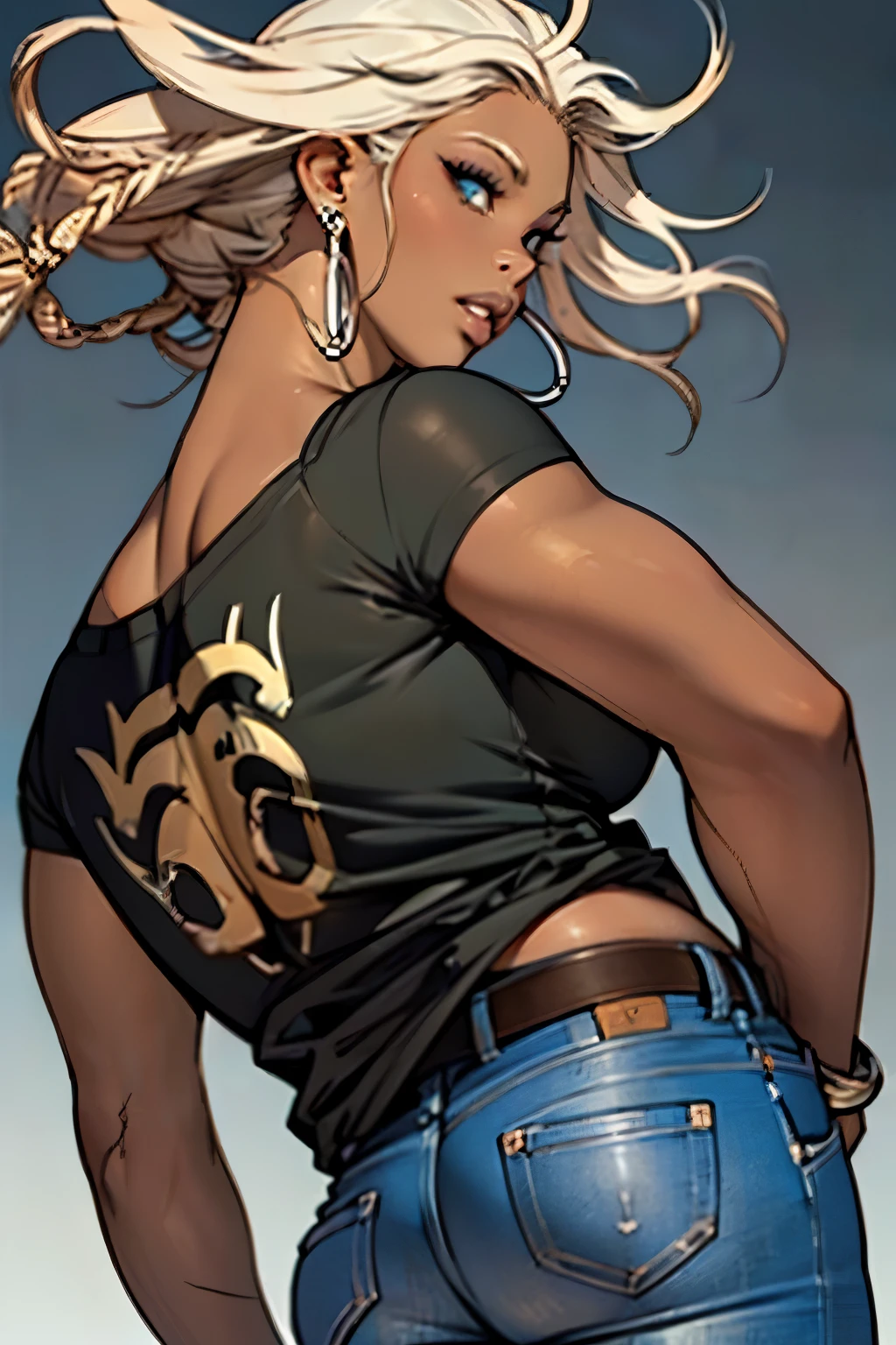 A lady) with (ebony,black) (skin,complexion) Slightly fat and upward (Long, Flowing) ( Nero, Dark) (dreadlocks, Hair), (Beautiful detailed eyes,beautiful detailed lips,Extremely detailed eyes and face,long eyelasher). She wears modern T-shirt jeans, and her (Graceful, elegant) The posture exudes confidence and (Femininity, strength)of girls all over the body(Realistic,Photorealistic:1.37) (Best quality,A high resolution), with (Vivid,Rich) Color and (Sharp,undefined) Details.