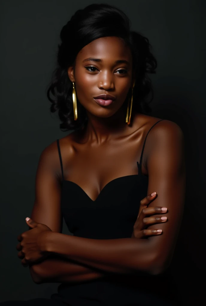 (best qualityer,4K,high resolution,work of art:1.2),ultra detali,realisitic,photorealisitic:1.37,(undressing:1.5),(darkskin:1.58),(23 year old instructor:1.5),(Look this),(mischievous grin:1.35)、(Sexy makeup:1.25),(mascara),random accessories、(One-sided asymmetrical updo:1.13)、Touching the chest、(Sexy V-neck off-the-shoulder crop top:1.35)